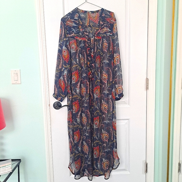 Aratta Dress Maxi Floral Sheer Button Down Blue - Picture 3 of 13